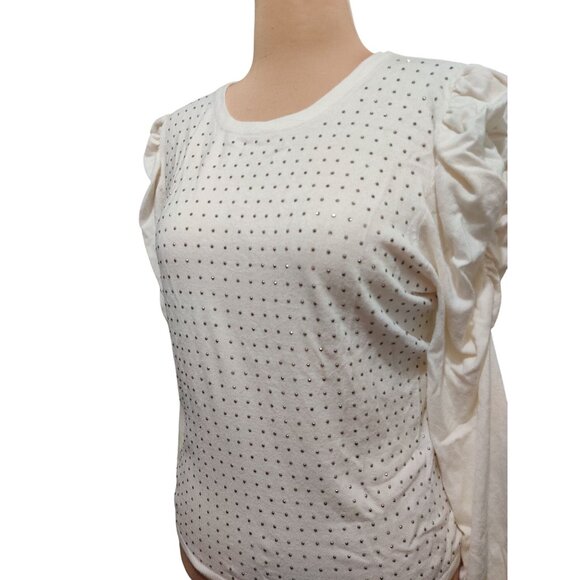 Joseph A L Womens Top Cream Long Sleeve Rhinestone Puff Shoulder Embellished - Picture 10 of 11